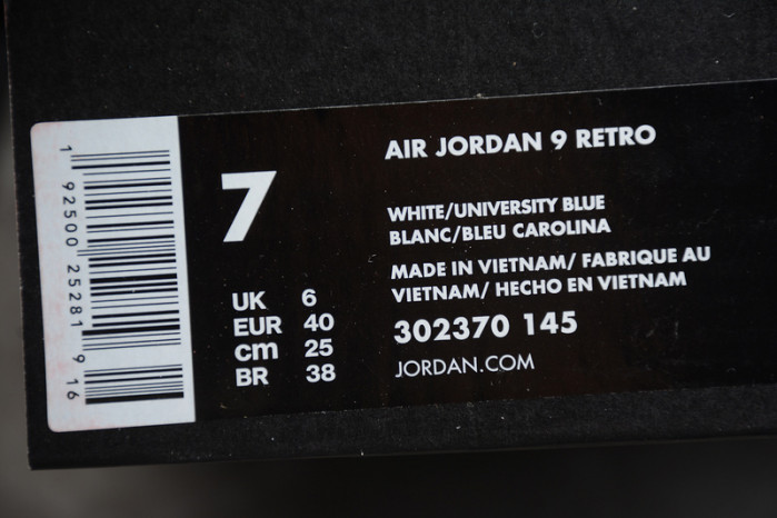 air jordan 9 unc white/university blue-midnight navy 302370-145